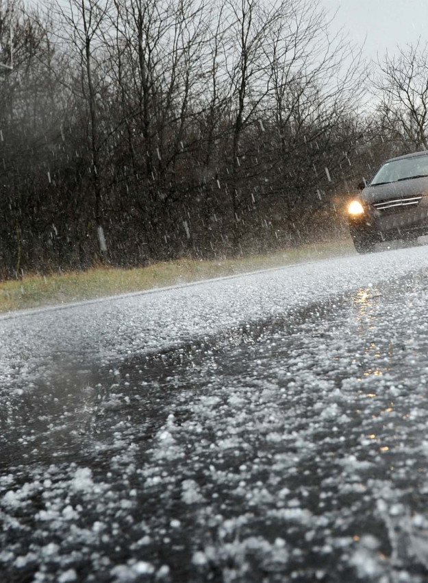 Hail Falling on Vehicles and Road